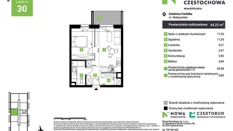 Rzut - Mieszkanie na sprzedaż 2 pokoje o powierzchni 44,23 m² - numer D30 w Nowa Częstochowa Małopolska etap II