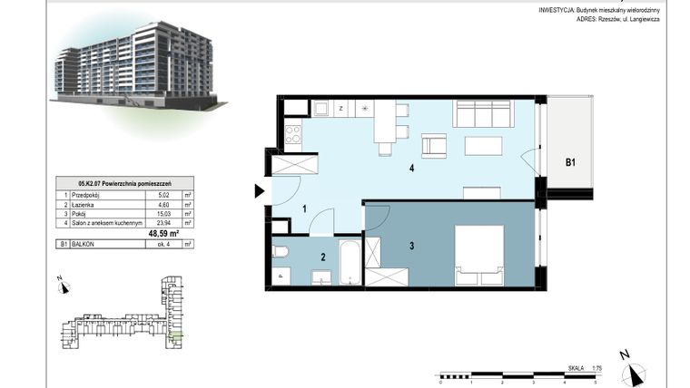 Rzut - Mieszkanie na sprzedaż 2 pokoje o powierzchni 48,59 m² - numer 05.K2.07 w Langiewicza 37