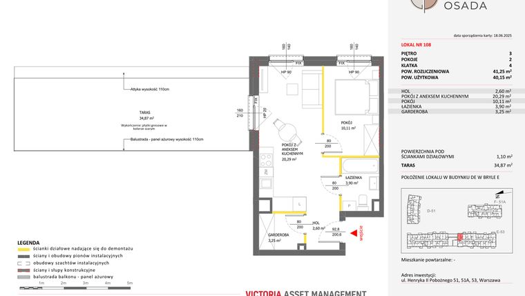 Rzut - Mieszkanie na sprzedaż 2 pokoje o powierzchni 41,25 m² - numer E.108 w Piastova Osada