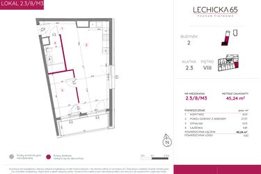 Rzut - Mieszkanie na sprzedaż 2 pokoje o powierzchni 45,24 m² - numer 2.3/8/M3 w Lechicka 65