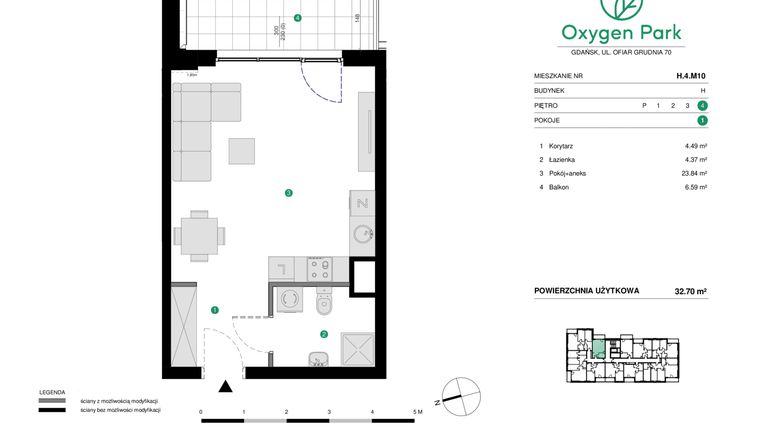 Rzut - Mieszkanie na sprzedaż 1 pokój o powierzchni 32,7 m² - numer H.4.M10 w Oxygen Park etap III