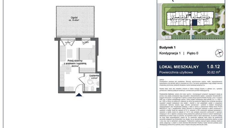 Rzut - Mieszkanie na sprzedaż 1 pokój o powierzchni 30,82 m² - numer 1.0.12 w Rytelska