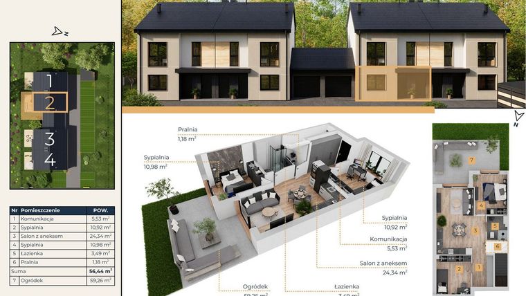Rzut - Mieszkanie na sprzedaż 3 pokoje o powierzchni 56,44 m² - numer 2A w Zacisze Tuwima