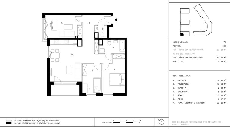 Rzut - Mieszkanie na sprzedaż 3 pokoje o powierzchni 83,11 m² - numer A15.P3 w Nocznickiego 29 bud. A