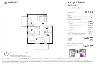 Rzut - Mieszkanie na sprzedaż 4 pokoje o powierzchni 58,94 m² - numer 13.B.2.3 w Murapol Siewierz Jeziorna