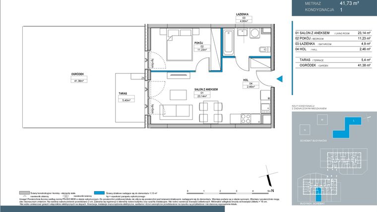 Rzut - Mieszkanie na sprzedaż 2 pokoje o powierzchni 41,73 m² - numer L1.1.04 w Nordic Bemowo - etap III
