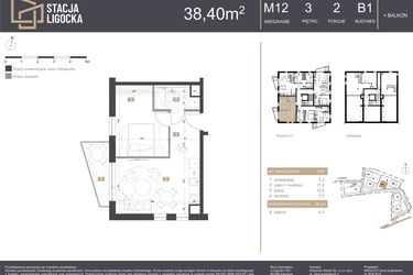Rzut - Mieszkanie na sprzedaż 2 pokoje o powierzchni 38,4 m² - numer B1_M12 w Stacja Ligocka