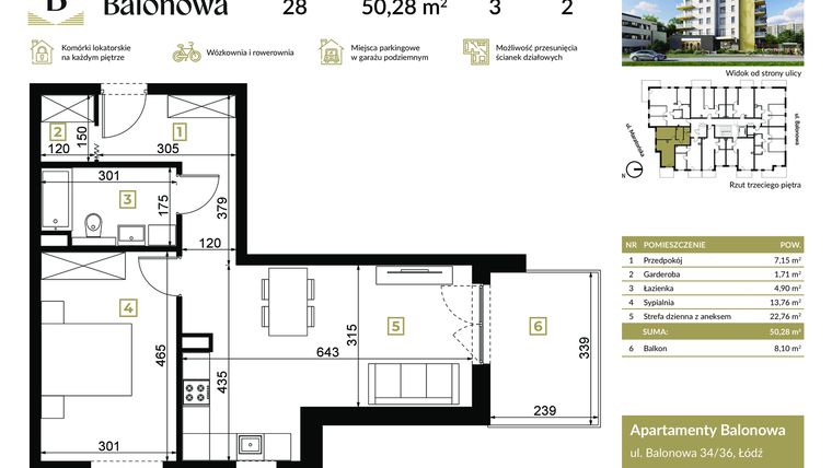 Rzut - Mieszkanie na sprzedaż 2 pokoje o powierzchni 50,28 m² - numer 28 w Apartamenty Balonowa