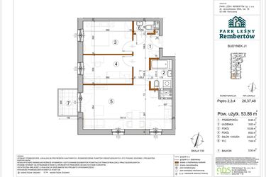 Rzut - Mieszkanie na sprzedaż 3 pokoje o powierzchni 53,86 m² - numer J1-26 w Park Leśny Rembertów etap VIII