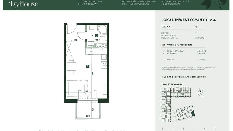 Rzut - Mieszkanie na sprzedaż 1 pokój o powierzchni 26,95 m² - numer C.2.4 w IVY HOUSE - Apartamenty inwestycyjne