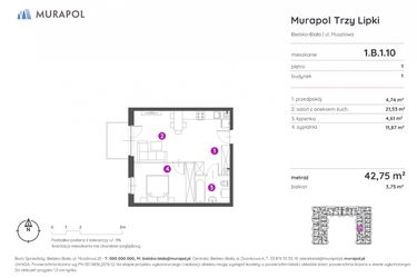 Rzut - Mieszkanie na sprzedaż 2 pokoje o powierzchni 42,75 m² - numer 1.B.1.10 w Murapol Trzy Lipki