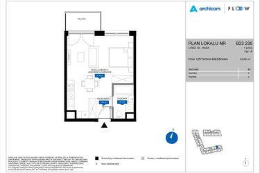 Rzut - Mieszkanie na sprzedaż 1 pokój o powierzchni 34,68 m² - numer B23 235 w Flow - bud. B2 A i bud. B2 B