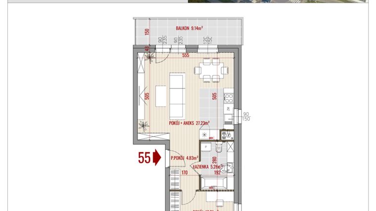 Rzut - Mieszkanie na sprzedaż 2 pokoje o powierzchni 50,85 m² - numer B1.55 w HUZAR B1