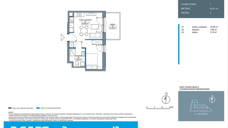 Rzut - Mieszkanie na sprzedaż 1 pokój o powierzchni 30,38 m² - numer A.2.14 w Rakoczego 17