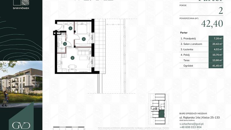 Rzut - Mieszkanie na sprzedaż 2 pokoje o powierzchni 42,4 m² - numer W2/02 w Baranówek
