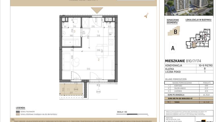 Rzut - Mieszkanie na sprzedaż 1 pokój o powierzchni 29,41 m² - numer B10/7/174 w GEMINI G-7