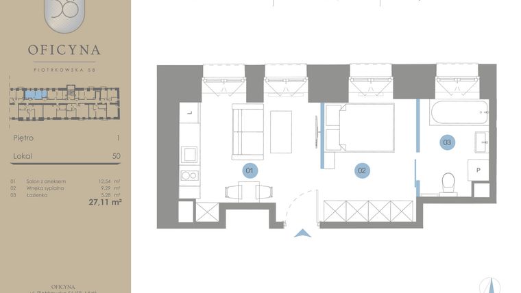 Rzut - Mieszkanie na sprzedaż 1 pokój o powierzchni 27,11 m² - numer 50 w Oficyna - mieszkania