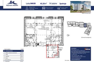 Rzut - Mieszkanie na sprzedaż 3 pokoje o powierzchni 45,98 m² - numer 65B w Nova Park etap II