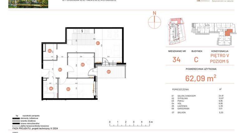 Rzut - Mieszkanie na sprzedaż 3 pokoje o powierzchni 62,09 m² - numer 18.34 w Osiedle Nowe Horyzonty etap II