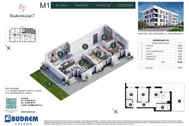 Rzut - Mieszkanie na sprzedaż 3 pokoje o powierzchni 61,54 m² - numer 1 w Badurskiego 7