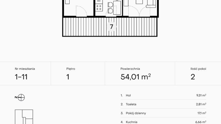 Rzut - Mieszkanie na sprzedaż 2 pokoje o powierzchni 54,01 m² - numer 1-11 w Pączka 1