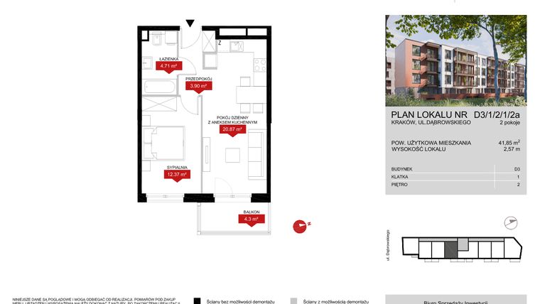Rzut - Mieszkanie na sprzedaż 2 pokoje o powierzchni 41,85 m² - numer D3 1/2/1/2a w Dąbrowskiego Stare Podgórze
