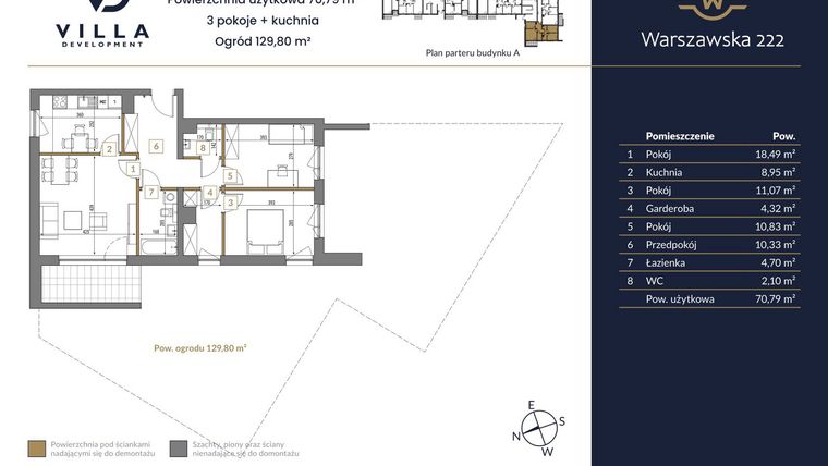 Rzut - Mieszkanie na sprzedaż 3 pokoje o powierzchni 70,79 m² - numer 7A w Warszawska 222
