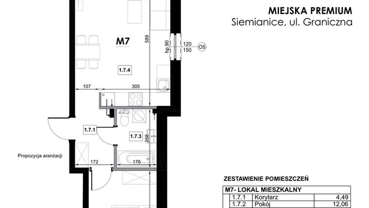 Rzut - Mieszkanie na sprzedaż 2 pokoje o powierzchni 45,8 m² - numer M7 w Miejska Premium II