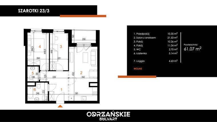 Rzut - Mieszkanie na sprzedaż 3 pokoje o powierzchni 61,07 m² - numer 23/3 w Odrzańskie Bulvary