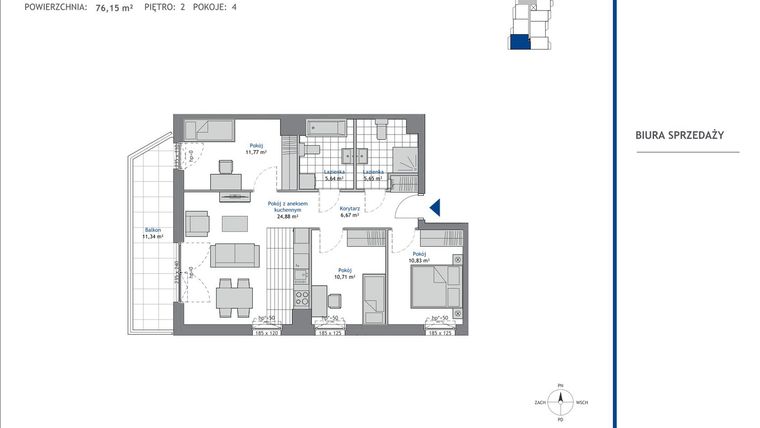 Rzut - Mieszkanie na sprzedaż 4 pokoje o powierzchni 76,15 m² - numer 2.3 w SEAHall