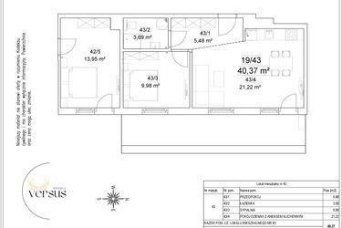 Rzut - Mieszkanie na sprzedaż 2 pokoje o powierzchni 40,37 m² - numer 19/43 w Osiedle Versus etap II