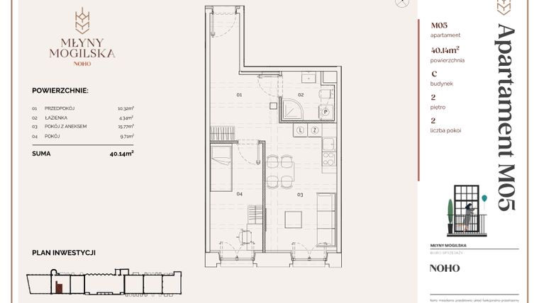Rzut - Mieszkanie na sprzedaż 2 pokoje o powierzchni 40,09 m² - numer C.5 w Młyny Mogilska