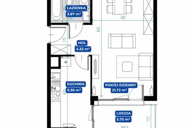 Rzut - Mieszkanie na sprzedaż 1 pokój o powierzchni 39,75 m² - numer 38. w Ułanów 58