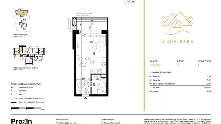 Rzut - Mieszkanie na sprzedaż 1 pokój o powierzchni 32,55 m² - numer 23B/19 w Izera Park
