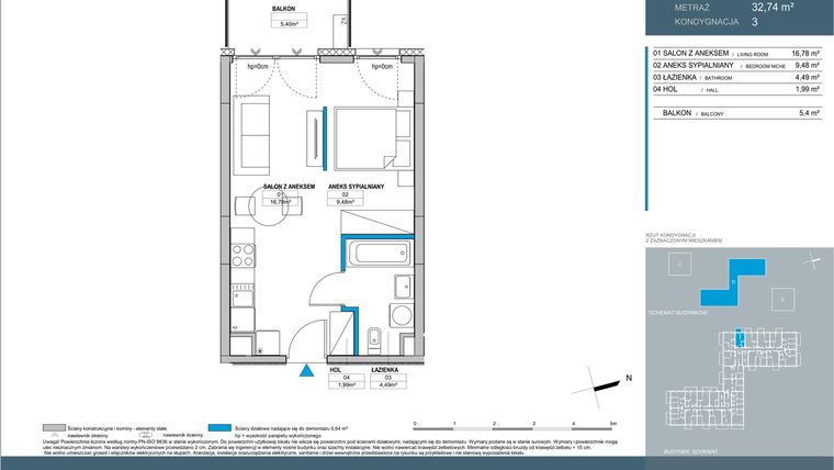 Rzut - Mieszkanie na sprzedaż 1 pokój o powierzchni 32,74 m² - numer D2.3.04 w Nordic Bemowo - etap IV