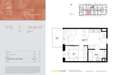 Rzut - Mieszkanie na sprzedaż 2 pokoje o powierzchni 34,49 m² - numer M33_NF.d w Nowe Flisy II