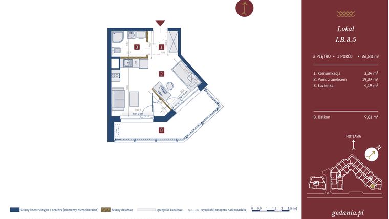 Rzut - Mieszkanie na sprzedaż 1 pokój o powierzchni 26,8 m² - numer I.B.3.5 w GEDANIA Riverside Living - apartamenty inwestycyjne
