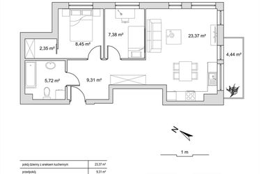 Rzut - Mieszkanie na sprzedaż 3 pokoje o powierzchni 56,58 m² - numer 6.8 w Vela Park bud. 6
