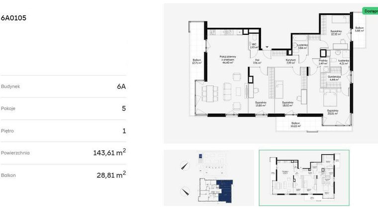 Rzut - Mieszkanie na sprzedaż 5 pokoi o powierzchni 143,61 m² - numer 6A0105 w Jaśminowy Mokotów etap VI