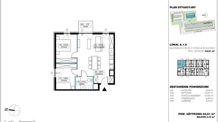 Rzut - Mieszkanie na sprzedaż 3 pokoje o powierzchni 55,27 m² - numer A.1.9 w Jabłonova