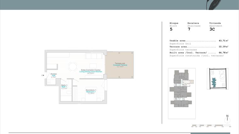 Rzut - Mieszkanie na sprzedaż 1 pokój o powierzchni 43,71 m² - numer B5-3C w Talasa Caleus II