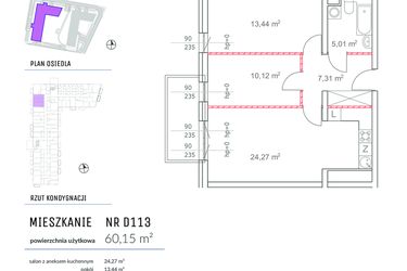 Rzut - Mieszkanie na sprzedaż 3 pokoje o powierzchni 60,15 m² - numer D113 w Osiedle Impresja 2