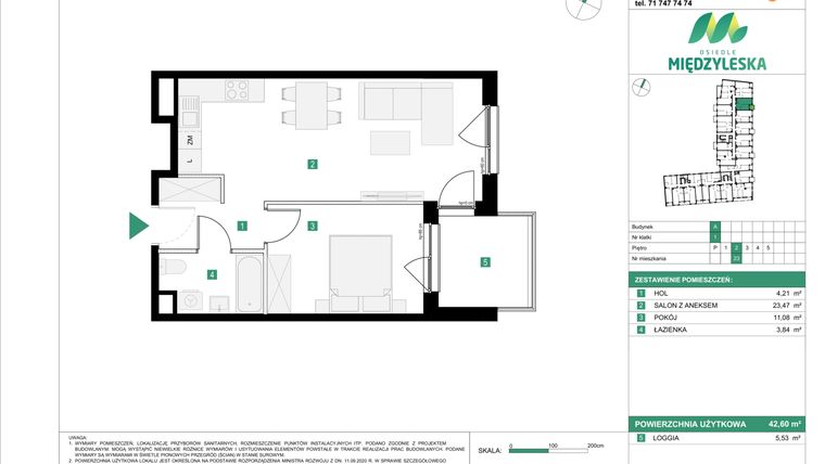 Rzut - Mieszkanie na sprzedaż 2 pokoje o powierzchni 42,6 m² - numer 23 w Osiedle Międzyleska - etap III