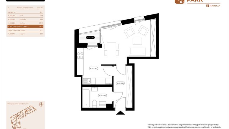 Rzut - Mieszkanie na sprzedaż 1 pokój o powierzchni 36,73 m² - numer 2.08 w Białoprądnicka Park