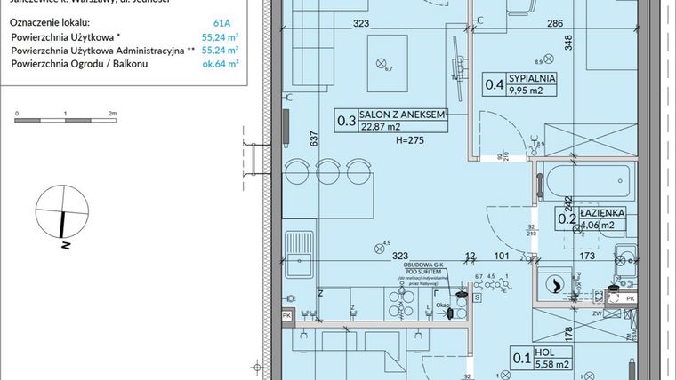 Rzut - Mieszkanie na sprzedaż 3 pokoje o powierzchni 55,24 m² - numer 61A w Osiedle Młodych etap X