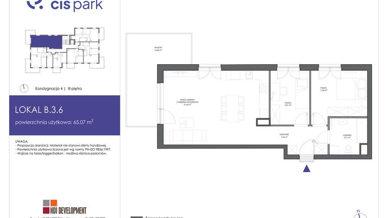 Rzut - Mieszkanie na sprzedaż 3 pokoje o powierzchni 65,07 m² - numer B.3.6 w CIS Park