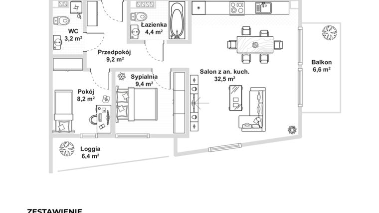 Rzut - Mieszkanie na sprzedaż 3 pokoje o powierzchni 65,9 m² - numer M18 w Apartamenty przy parku