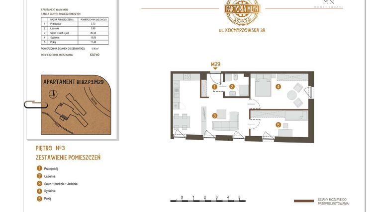 Rzut - Mieszkanie na sprzedaż 3 pokoje o powierzchni 62,17 m² - numer B1.B2.P3.M29 w Faktoria Młyn