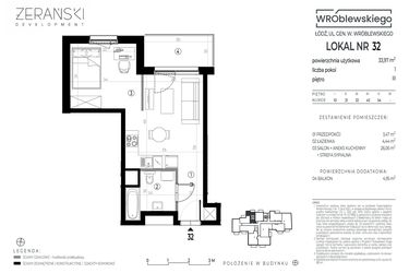 Rzut - Mieszkanie na sprzedaż 1 pokój o powierzchni 33,97 m² - numer A32 w Wróblewskiego