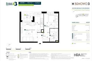 Rzut - Mieszkanie na sprzedaż 2 pokoje o powierzchni 39,37 m² - numer AA0305 w M Bemowo 3
